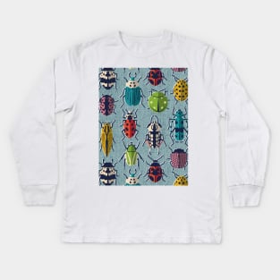 These don't bug me // pattern // duck egg blue background green yellow neon red orange pink blue and black and ivory retro paper cut beetles and insects Kids Long Sleeve T-Shirt